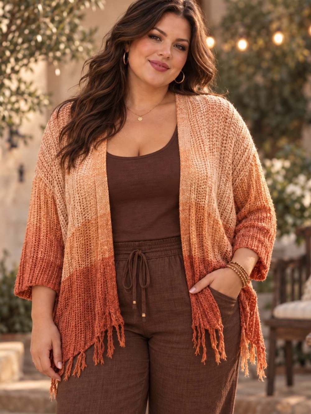 *Maurice -XXL - Boho Ombre Knit Cardigan - Orange and Tan - fringed